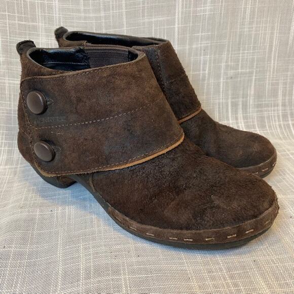 MERRELL Chocolate Brown Button Suede Ankle Boots Womens 8.5 - Picture 1 of 8